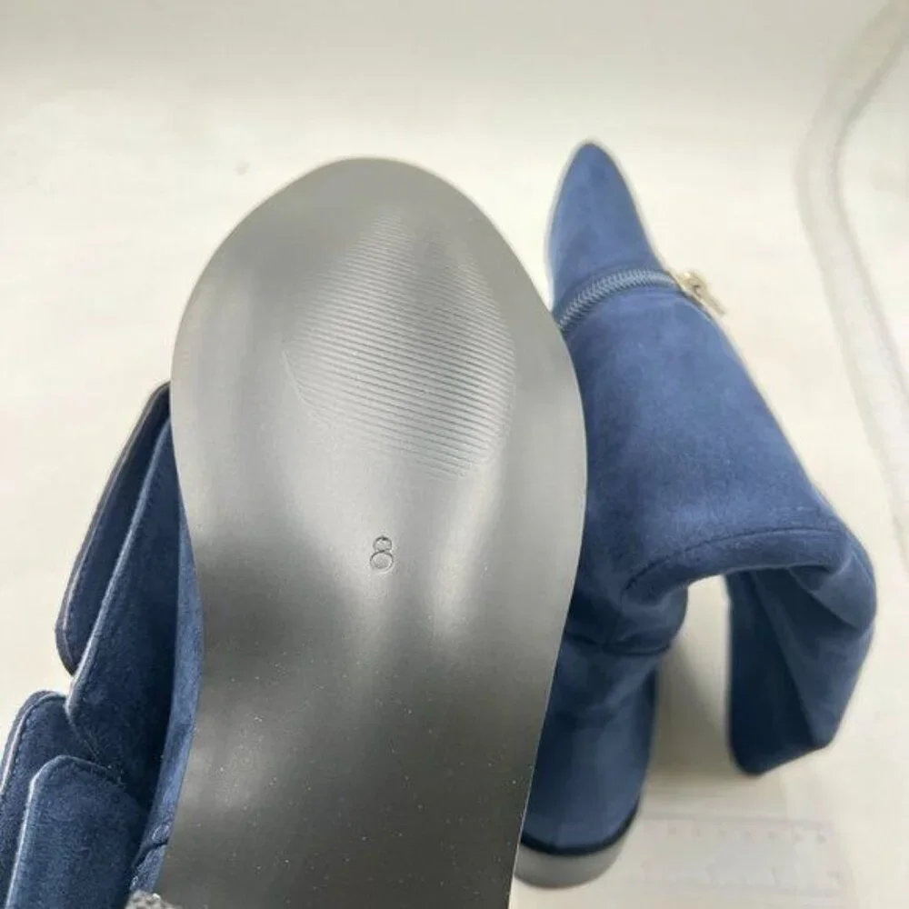 Pazzion Blue Almond Toe Knee High Boots with Partial Zipper Stretchy Long Boot